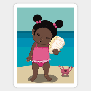 Vacation mood on - cute little dark girl having a quiet moment on the beach listening to the sound of a seashell, saturated ,no text Sticker